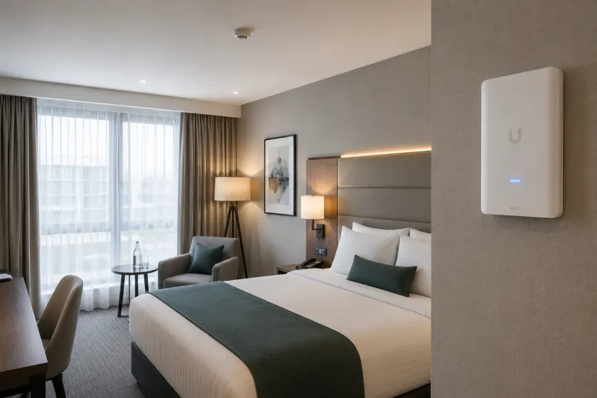 UniFi access point aan de muur van een hotelkamer