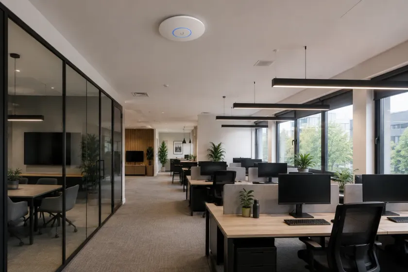 UniFi access point aan het plafond van een open kantoorruimte met werkplekken en een vergaderzaal