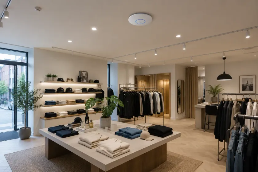 UniFi access point aan het plafond van een kledingwinkel