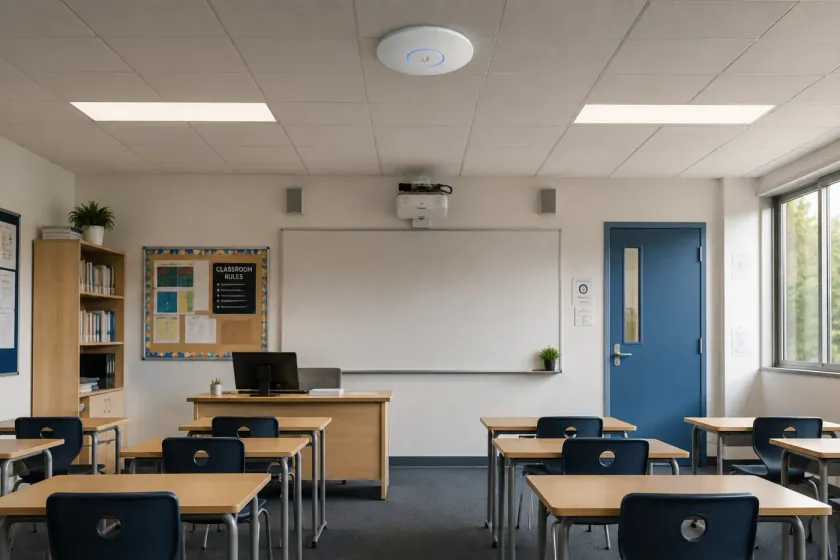 UniFi access point aan het plafond van een klaslokaal met digitaal bord